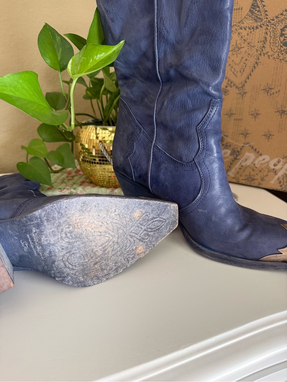 Free People Blue Western Heeled Cowboy Boots with Metallic Toe - Picture 4 of 5